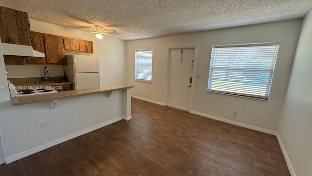 5156 NE 6th Ave Unit 205, Oakland Park, FL 33334 - kitchen featuring white appliances, a sink, a peninsula, a ceiling fan, and under cabinet range hood