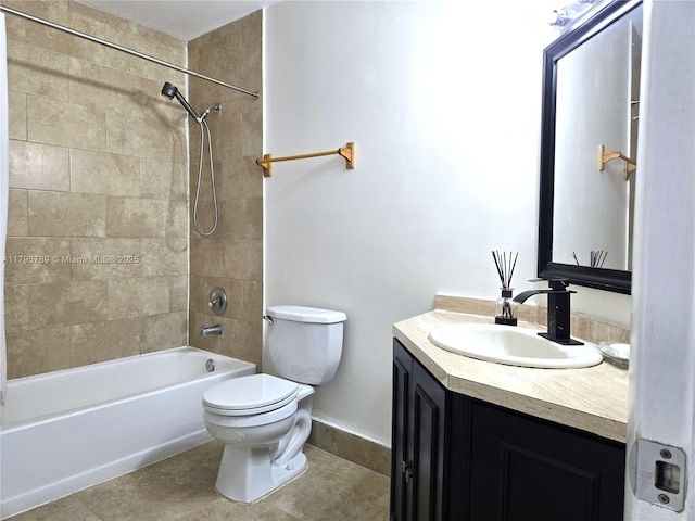 bathroom featuring bathtub / shower combination, tile patterned floors, vanity, baseboards, and toilet