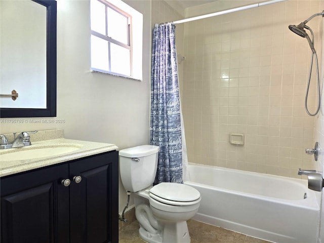 full bath with vanity, tile patterned floors, shower / bath combo, and toilet