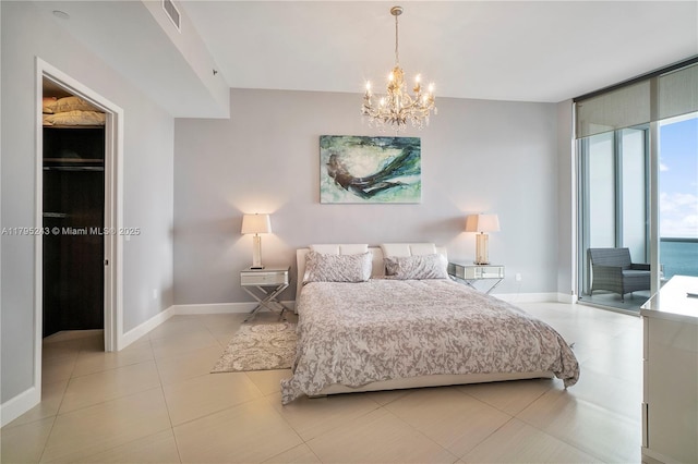 bedroom featuring a chandelier, access to exterior, baseboards, light tile patterned floors, and visible vents