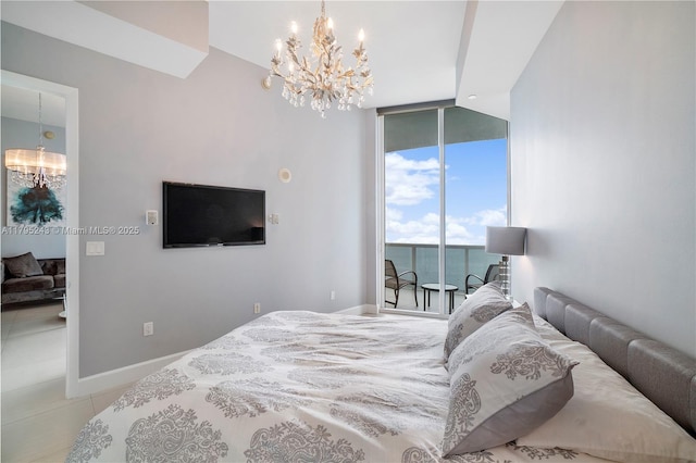 bedroom with access to outside, baseboards, an inviting chandelier, and expansive windows