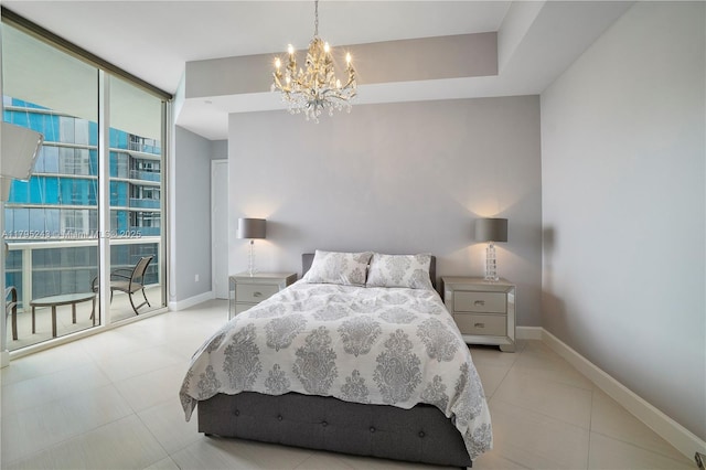 tiled bedroom with baseboards, an inviting chandelier, and floor to ceiling windows