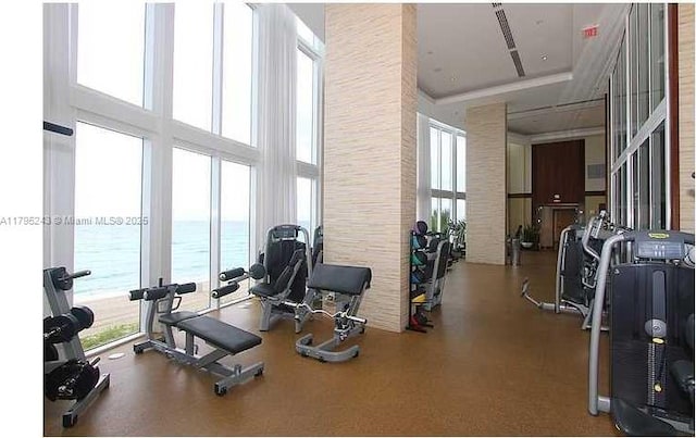 gym featuring a water view and a high ceiling
