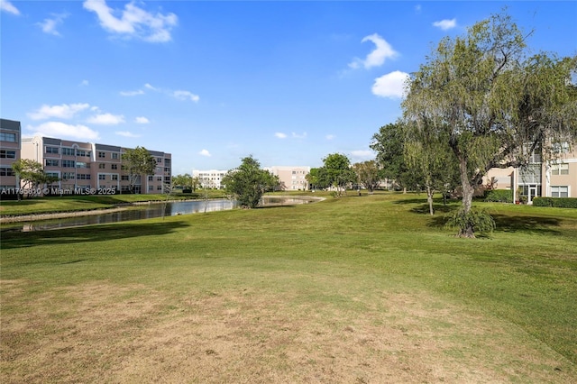 view of property's community featuring a water view and a yard