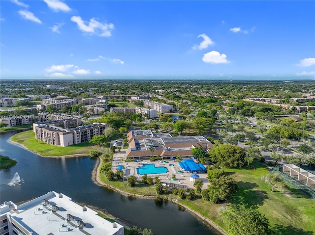 bird's eye view of a large body of water and a pool