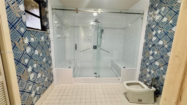 full bathroom featuring tile patterned floors, a stall shower, and toilet