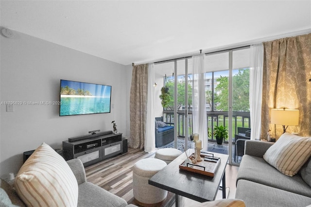 living room with a wall of windows and wood finished floors