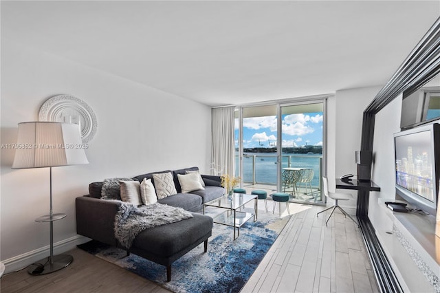 living room featuring expansive windows, plenty of natural light, and wood finished floors