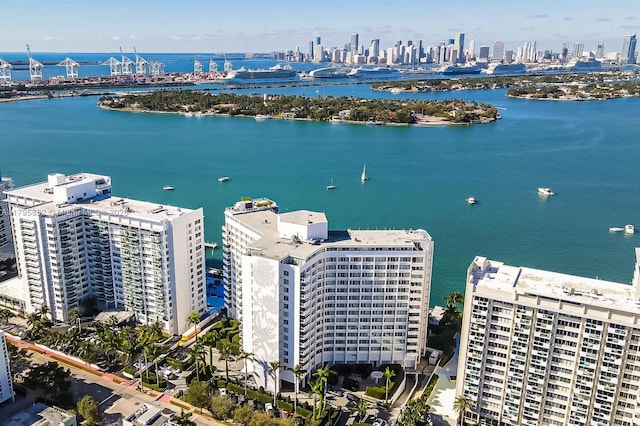 aerial view with a city view and a water view