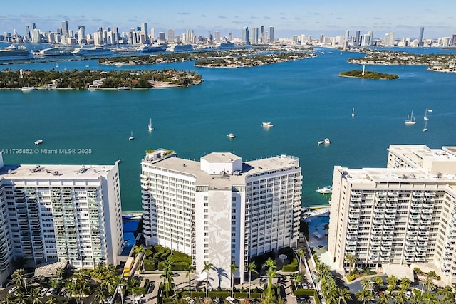 drone / aerial view featuring a city view and a water view
