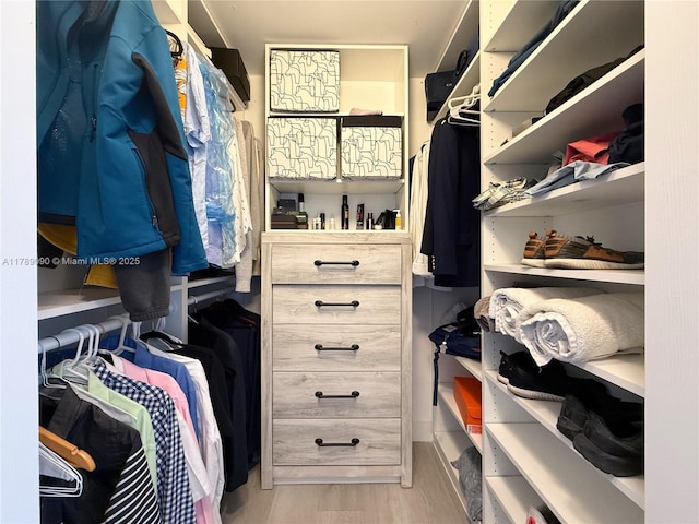 walk in closet with wood finished floors