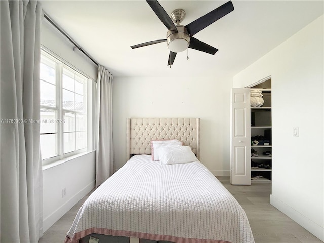 bedroom featuring baseboards, ceiling fan, light wood finished floors, and a spacious closet
