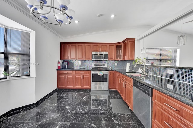 7618 NW 88th Cir, Tamarac, FL 33321 - kitchen featuring stainless steel appliances, a sink, vaulted ceiling, a chandelier, and dark marble finish flooring
