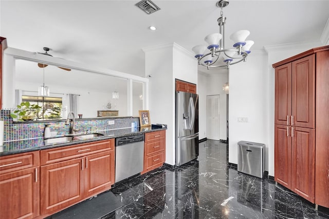 7618 NW 88th Cir, Tamarac, FL 33321 - kitchen with appliances with stainless steel finishes, a sink, a chandelier, crown molding, and backsplash