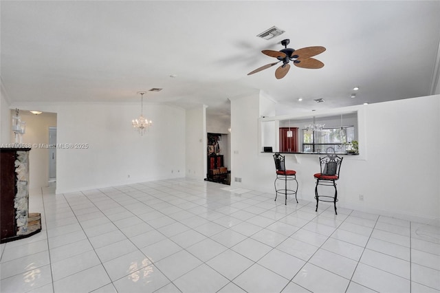 7618 NW 88th Cir, Tamarac, FL 33321 - unfurnished living room with a chandelier, ceiling fan, light tile patterned flooring, and lofted ceiling