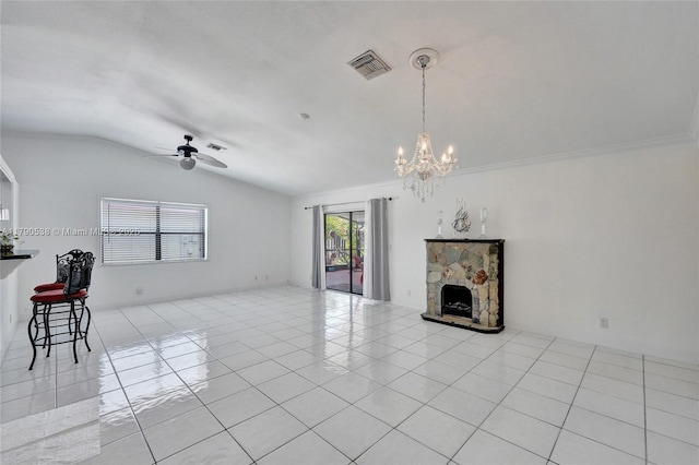 7618 NW 88th Cir, Tamarac, FL 33321 - unfurnished living room with lofted ceiling, a chandelier, ceiling fan, a fireplace, and light tile patterned flooring