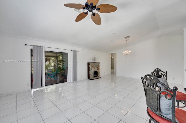 7618 NW 88th Cir, Tamarac, FL 33321 - unfurnished living room with ornamental molding, a ceiling fan, a chandelier, light tile patterned floors, and a fireplace
