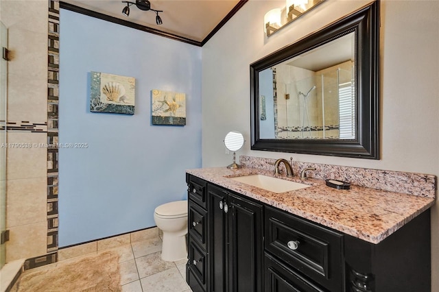 7618 NW 88th Cir, Tamarac, FL 33321 - bathroom with toilet, vanity, a tile shower, and ornamental molding