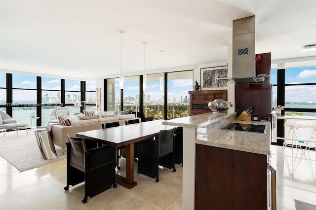 dining space with a wall of windows, plenty of natural light, and a view of city