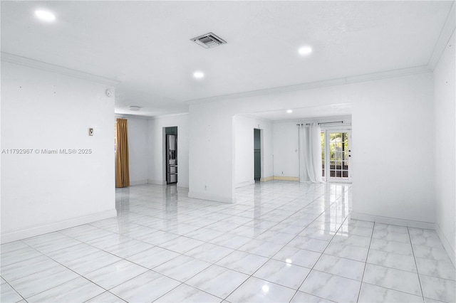 unfurnished room featuring crown molding, recessed lighting, baseboards, and visible vents