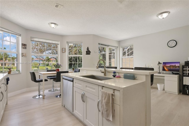 kitchen featuring stainless steel dishwasher, a sink, light wood-style floors, and a textured ceiling