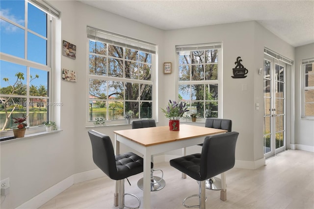 dining area with baseboards, light wood finished floors, and a textured ceiling