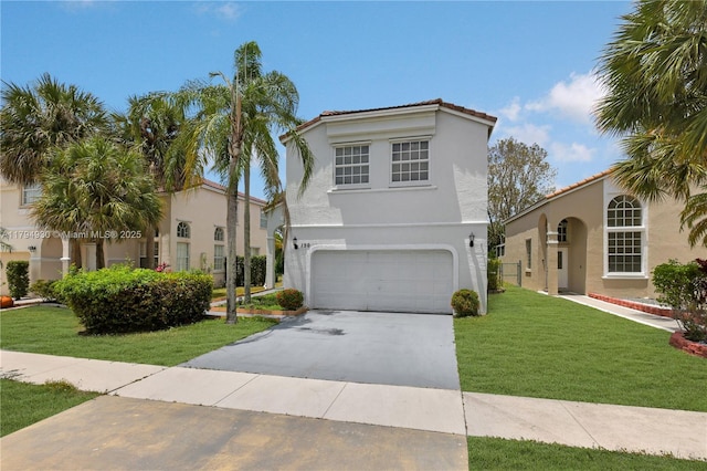 mediterranean / spanish-style house featuring stucco siding, a tile roof, a front lawn, and a garage