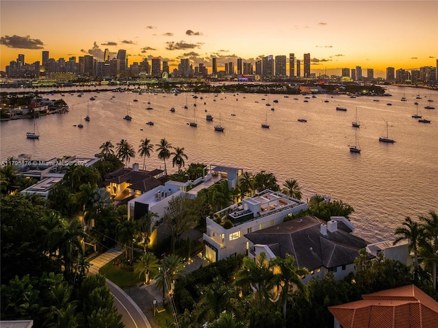 aerial view at dusk with a water view and a view of city