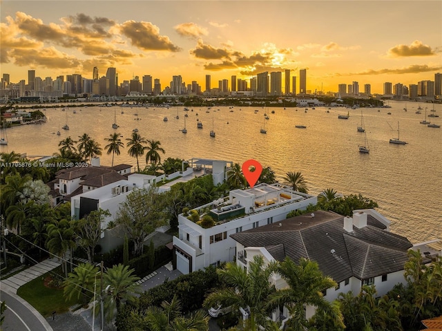 drone / aerial view featuring a water view and a view of city