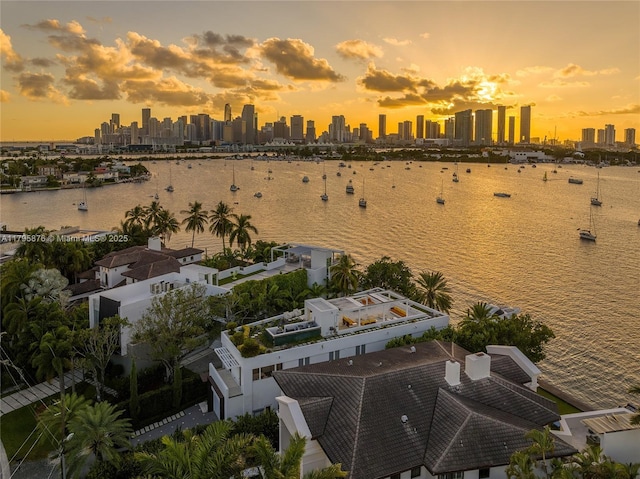 aerial view at dusk featuring a city view and a water view