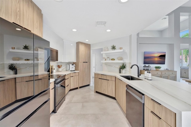 kitchen with modern cabinets, open shelves, electric range oven, dishwasher, and a sink