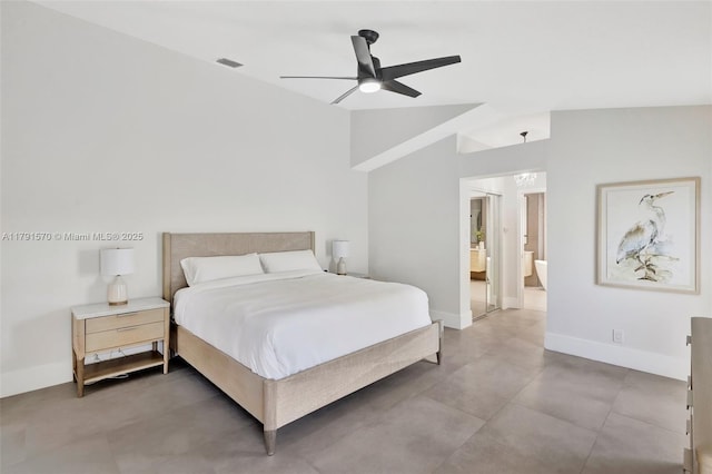 bedroom with connected bathroom, baseboards, and ceiling fan