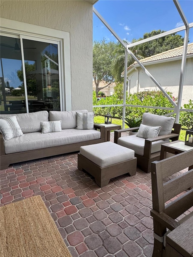 6393 Brava Way, Boca Raton, FL 33433 - view of patio / terrace with an outdoor hangout area and glass enclosure