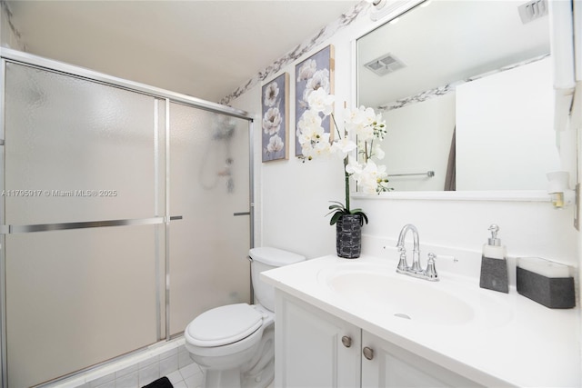 full bath featuring visible vents, a stall shower, and toilet