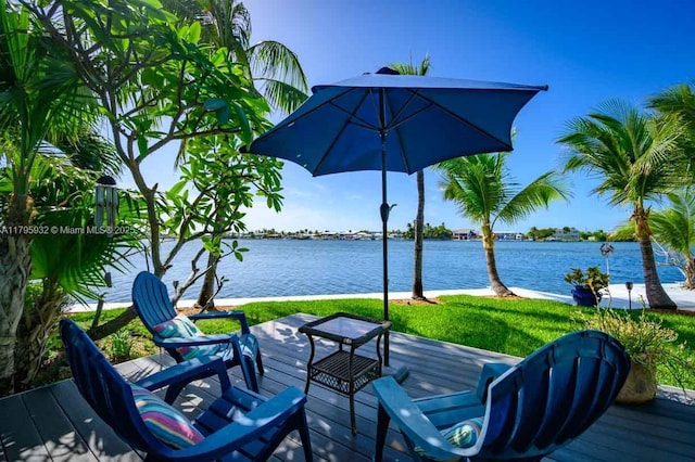 wooden deck with a water view
