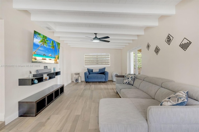 7295 W 14th Ct, Hialeah, FL 33014 - living area featuring light wood-style flooring, a ceiling fan, baseboards, and beam ceiling