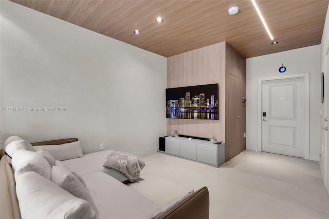 living room featuring recessed lighting and wood ceiling