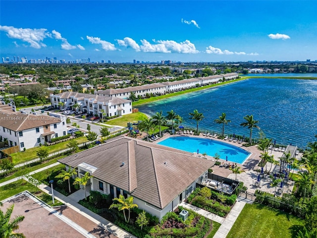 aerial view featuring a water view and a city view