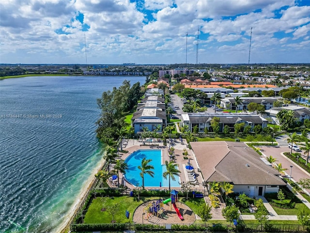 drone / aerial view with a water view