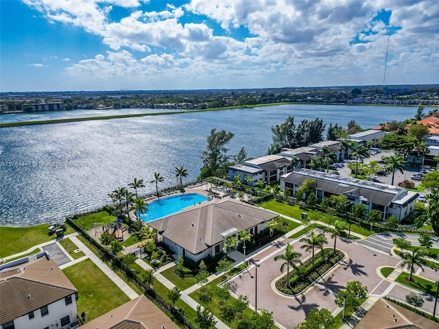 drone / aerial view with a water view