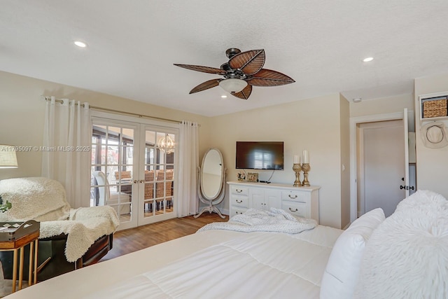 bedroom with french doors, access to outside, light wood-style floors, recessed lighting, and ceiling fan