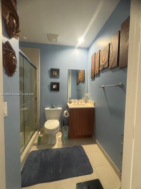 full bathroom with visible vents, vanity, tile patterned flooring, toilet, and a shower stall