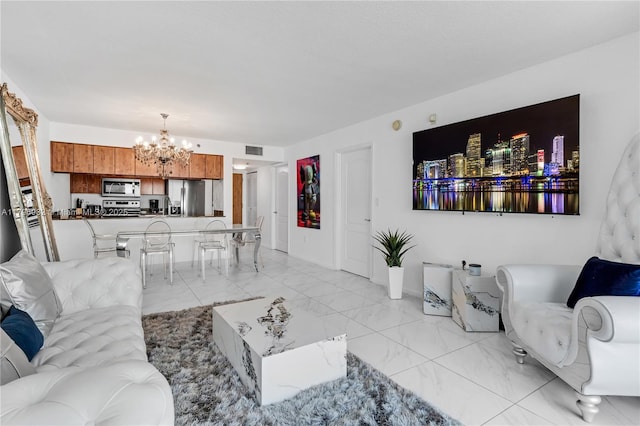 1200 Brickell Bay Dr Unit 2807, Miami, FL 33131 - living area featuring visible vents, an inviting chandelier, and marble finish floor
