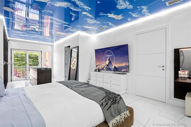 bedroom with visible vents, access to outside, and marble finish floor
