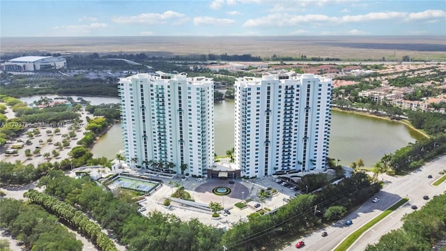 drone / aerial view with a water view