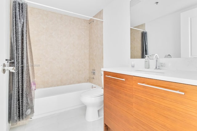 full bathroom featuring toilet, tile patterned flooring, vanity, and shower / bath combination with curtain