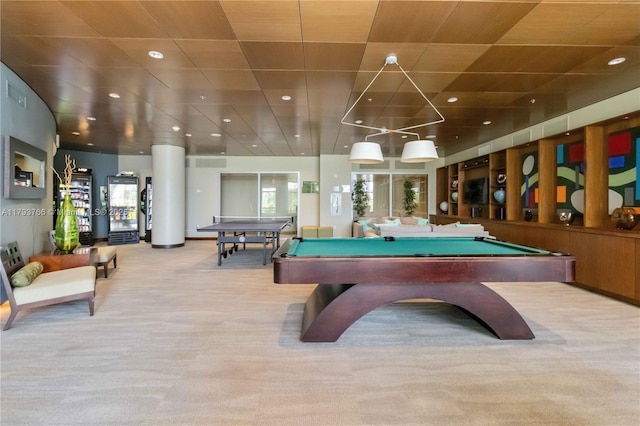playroom featuring pool table, recessed lighting, and carpet