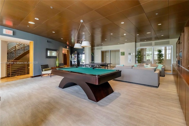 game room with light colored carpet, pool table, visible vents, and recessed lighting