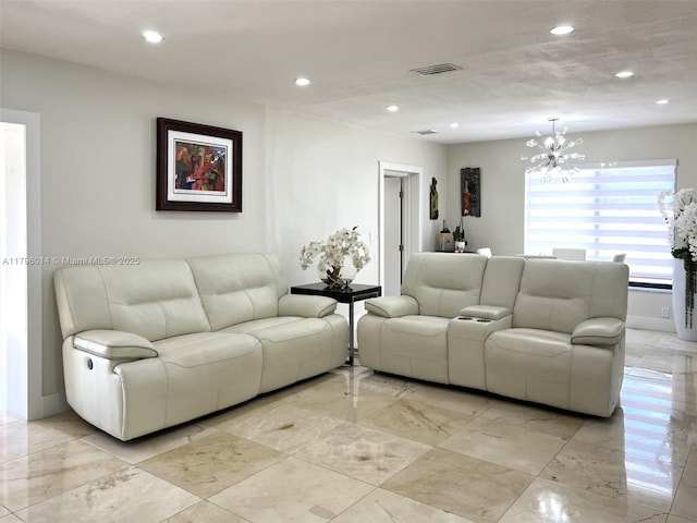 living room featuring an inviting chandelier, marble finish floor, recessed lighting, and visible vents