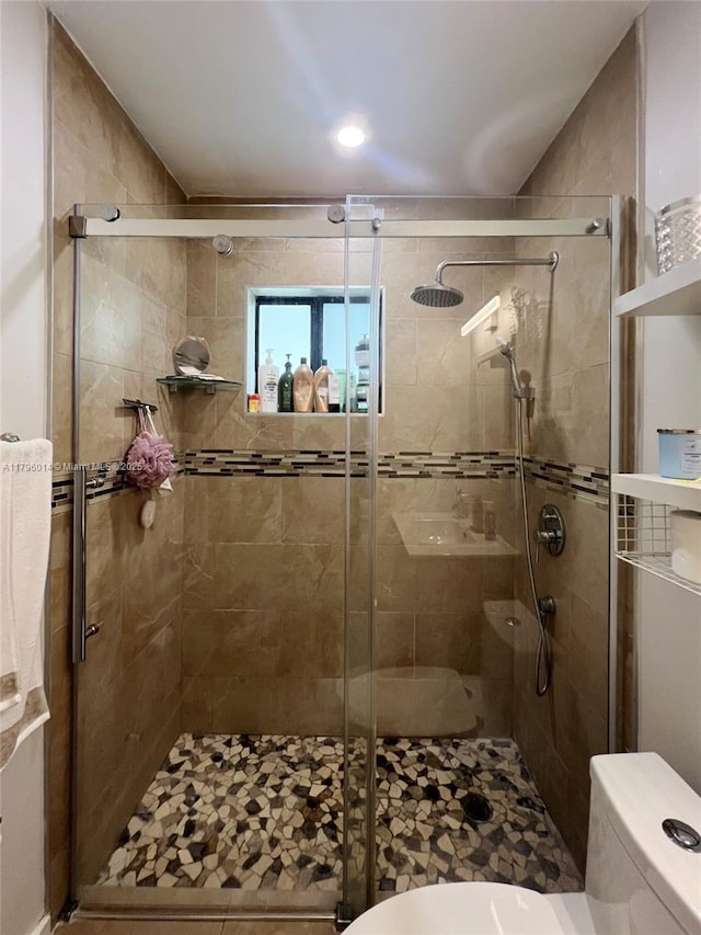bathroom featuring toilet and a stall shower